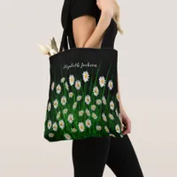 White daisies florals black name script tote bag