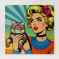 Cartoon Comic Pop Art Women Holding Cat Jigsaw Puzzle