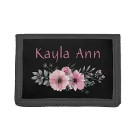 Personalized Black and Rose Pink Floral Watercolor Trifold Wallet