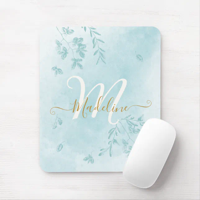 Watercolor Botanical Leaves Foliage Blue Monogram Mouse Pad