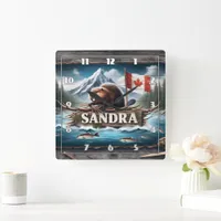 Canadian Beaver in Scenic River With Flag Square Wall Clock