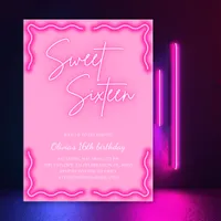 Trendy Girly Neon Pink Sweet 16 Birthday Party Invitation