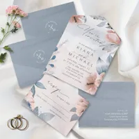 Calligraphy Floral Dusty Blue ID771 All In One Invitation