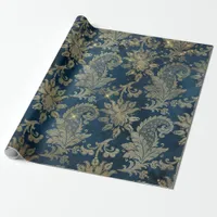 Sparkling Blue and Gold Vintage Damask Wrapping Paper