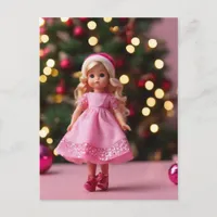 Cute Blond Doll in Pink Christmas  Postcard