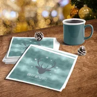 Deer Antlers Silhouette & Snowflakes Teal ID861  Napkins