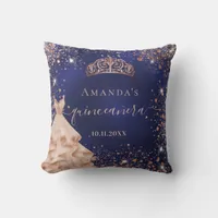 Quinceanera blue rose gold tiara dress name throw pillow