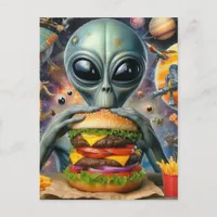 Funny Alien Eating Cheeseburger Postcard