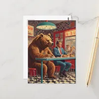 Funny Man and Bear at Retro Diner Postcard