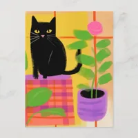 Cute Black Cat Pink Flower Postcard