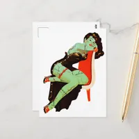 Sexy Halloween Retro Zombie Pinup in Chair Postcard