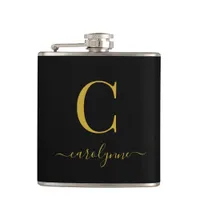Elegant Black Gold Monogram Script Flask