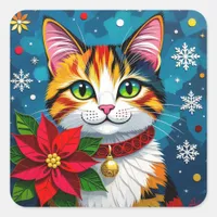 Calico Cat, Poinsettias and Snowflakes Christmas Square Sticker