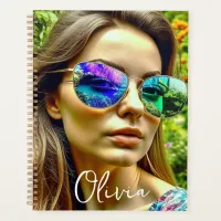 Beautiful Girl with Sunglasses Reflection Flowers Planner