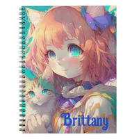 Personalized Beautiful Anime Girl with Cute Kitten Notebook