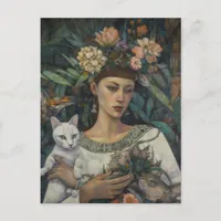 Woman Holding Cats Tropical Flowers Postcard