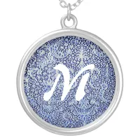 Monogram Brussels Lace Blue Pattern Vintage Retro Silver Plated Necklace