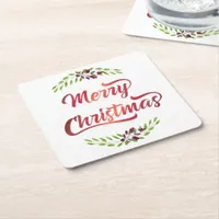 Merry Christmas Laurels Red ID293 Square Paper Coaster