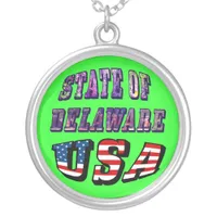 State of Delaware USA Photo & Flag Text Round Silver Plated Necklace