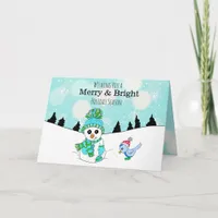 Sweet Teal Snowman and bird Wintery Day Christmas Card