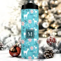 Reindeer Floral Poinsettia Christmas Monogram Thermal Tumbler