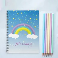 Cute Girly Illustrated Colorful Rainbow and Stars Notebook
