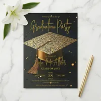 Elegant Gold Black Faux Glitter Cap Graduation Invitation