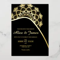 Curved Mandala Elegant Black Gold Foil Wedding Invitation