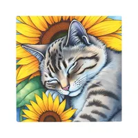 Sweet Napping Gray Cat and Sunflower Metal Print