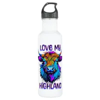 Cyberpunk Colorful Ai Highland Cow Stainless Steel Water Bottle