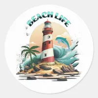 Beach Life | Lighthouse and Dolphin Classic Round Sticker