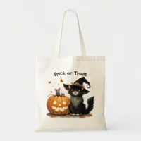 Halloween Black Cat in Witch's Hat Trick or Treat Tote Bag