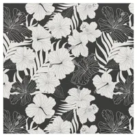 Tropical Hibiscus Flowers Black and White Pattern Fabric