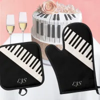 Piano Keys Black White Music Keyboard Monogrammed Oven Mitt & Pot Holder Set