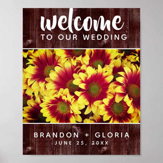 Rustic Autumn Sunflowers on Fence Wedding Poster