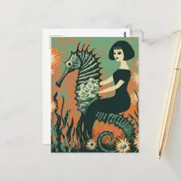 Mermaid and Her Seahorse Retro Postcard