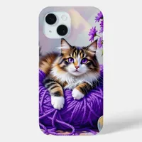 Cat  in Purple Yarn and Flowers   iPhone 15 Case