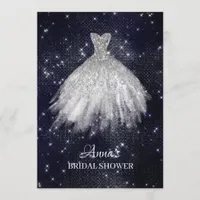 *~* Navy Blue Glitter Bridal Dress Gown Shower Invitation