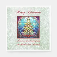 Sparkly Stained Glass Christmas Tree Green Glitter Napkins