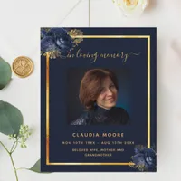 Blue florals gold photo funeral program