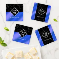 Elegant Black Marble & Royal Blue Foil Monogram Coaster Set