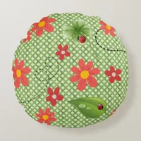 Lady Bug Floral Round Pillow