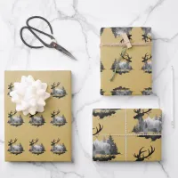 Wild stag deer standing in the forest gold backing wrapping paper sheets