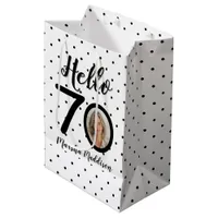 Hello 70 Black & White Dots Photo & Name Birthday Medium Gift Bag