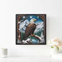 Majestic Bald Eagle Over Snowy Mountain Lake Square Wall Clock