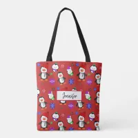 Personalized Penguins and Snowflakes Christmas Tote Bag