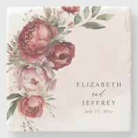 Elegant Boho Burgundy Blush Floral Wedding Stone Coaster