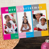 Colorful Striped 3 Photo Collage Merry Christmas Foil Holiday Card