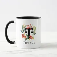 Letter T Monogram Initial Christmas Berry Wreath Mug