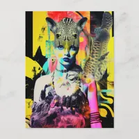 Fantasy Woman and Animals Colorful Collage Postcard